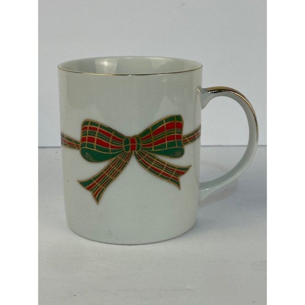 Vintage 1987 Lefton China Christmas Mug Plaid Bow Gold Trim 06448 Japan